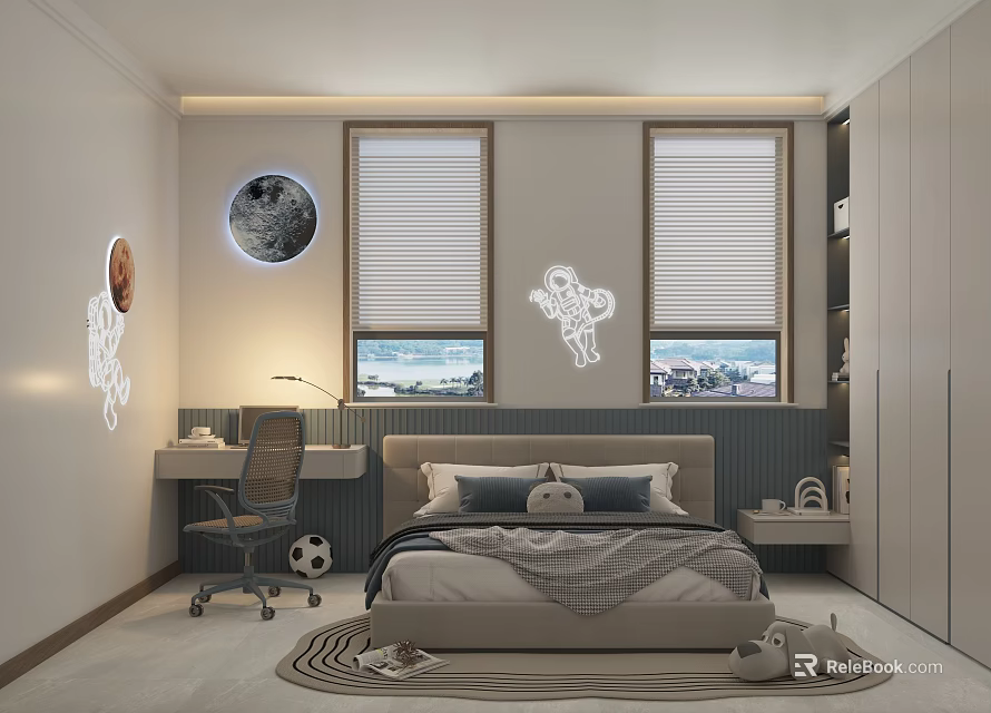 Kids Room Interior Design With Bed Study Desk Astronaut Stickers Moon Lamp And Blinds 3d model 