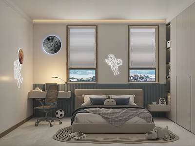 Kids Room Interior Design With Bed Study Desk Astronaut Stickers Moon Lamp And Blinds 3d model
