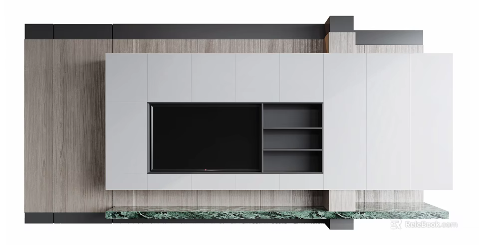 Modern Sleek TV Wall Interior Design With Integrated TV Open Shelves And White Cabinets 3d model 
