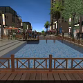 Modern Commercial Street Night Scene With Water Pool Wooden Railing Lit Shops And Palm Trees