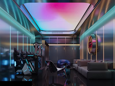 Modern Gaming Cafe Featuring Neon Lighting Comfortable Sofas High End Gaming Gear And Futuristic Decor 3d model