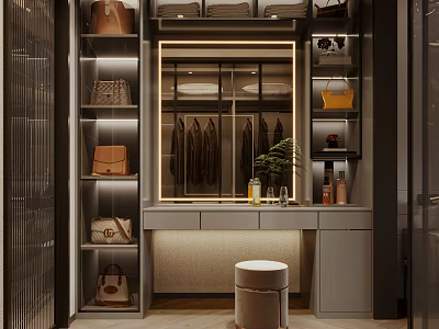 Modern Walk in Closet Interior Design with Illuminated Mirror Hanging Clothes and Storage Shelves 3d model