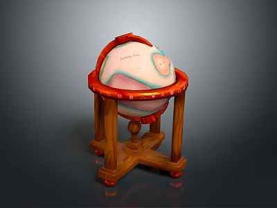 Decorative Globe on Wooden Stand with Red Accents and Blue Trim 3d model