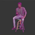 Man In Gray Shirt And Light Blue Jeans Sitting On Bar Stool Holding Smartphone
