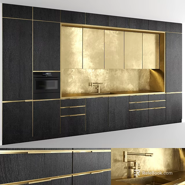 Modern Black And Gold Kitchen Cabinets With Wooden Finish And Metal Handles 3d model 