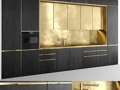Modern Black And Gold Kitchen Cabinets With Wooden Finish And Metal Handles 3d model
