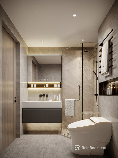 Modern Bathroom With Sink Mirror Lighting And Shower Area 3d model