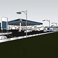 Gas Station Night View Design With Canopy Trees Road And Vehicles