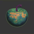 Vibrant Blue And Yellow Apple With Purple Stem And Shiny Surface Design