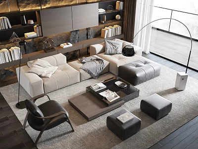 Modern Beige Sofa And Wooden Coffee Table Set With Pillows Ottoman And Floor Lamp 3d model