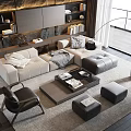 Modern Beige Sofa And Wooden Coffee Table Set With Pillows Ottoman And Floor Lamp