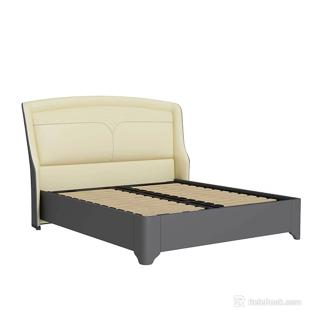Modern Minimalist Double Bed With Beige Upholstered Headboard Dark Grey Frame And Wooden Slats 3d model 