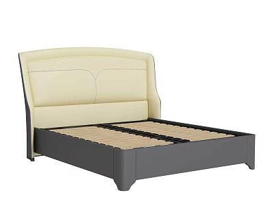 Modern Minimalist Double Bed With Beige Upholstered Headboard Dark Grey Frame And Wooden Slats 3d model