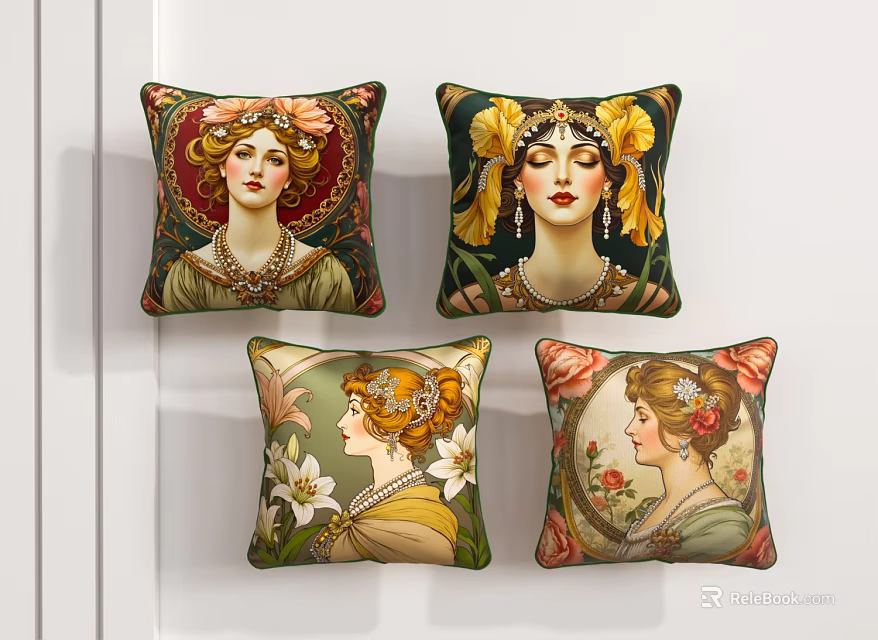 Vintage Women Portrait Decorative Pillows With Floral Decor And Ornate Headpieces 3d model 