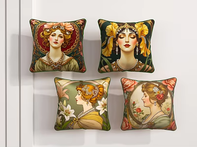 Vintage Women Portrait Decorative Pillows With Floral Decor And Ornate Headpieces 3d model