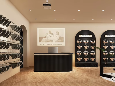 Modern Clothing Store Interior With Underwear Display Shelves Counter Laptop Poster And Arched Doorway 3d model