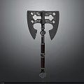 Ornate Double Bladed Axe With Metal Head And Red Wooden Handle