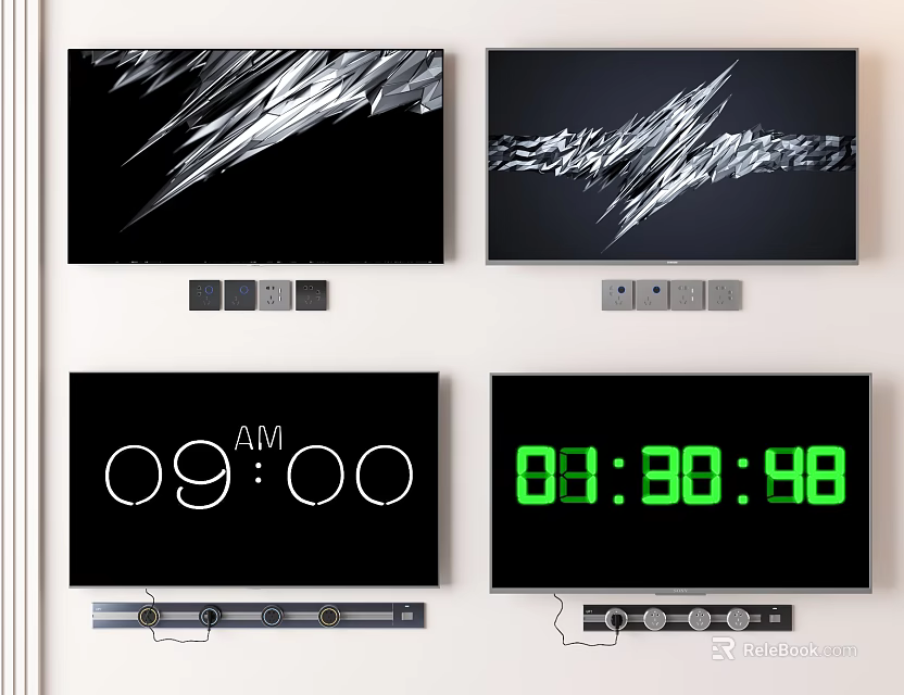 Modern Flat Screen TVs with Digital Time Display and Abstract Patterns 3d model 