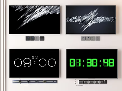 Modern Flat Screen TVs with Digital Time Display and Abstract Patterns 3d model