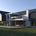 Modern Detached Villa With Gray Roof White Exterior Large Windows And Swimming Pool