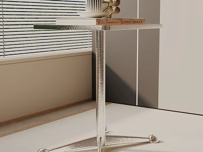 Modern Metal Side Table with Silver Frame Rolling Wheels and Stack of Books Decorative Items 3d model