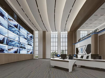Modern Professional Monitoring Room Interior With Large Monitor Wall And Computer Workstations 3d model