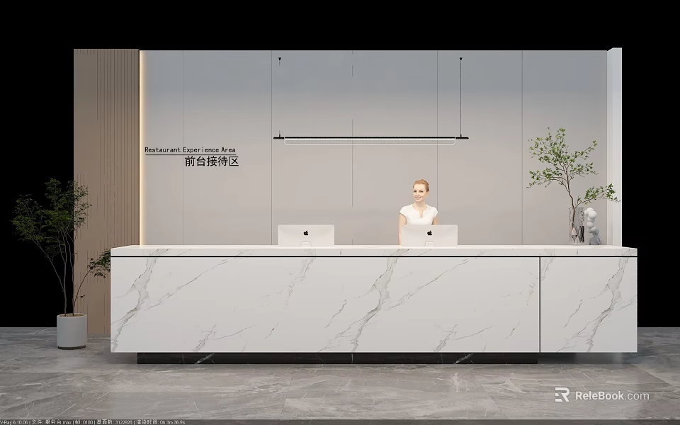 Elegant Modern Reception Desk Interior With Marble Countertop And Plant Decoration 3d model 