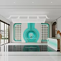 Modern Store Front Desk Design With Turquoise Circular Illuminated Decor And Shelves On Both Sides