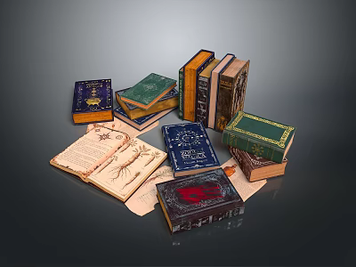 Vintage Hardcover Books Open And Stacked With Various Colors And Classic Designs 3d model