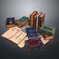 Vintage Hardcover Books Open And Stacked With Various Colors And Classic Designs