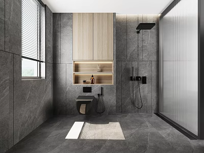 Modern Bathroom Interior With Gray Tile Walls Wooden Storage Cabinets Shower Area And Vanity Window Blinds 3d model
