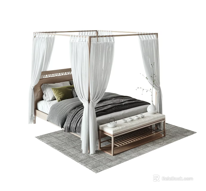 Four Poster Double Bed With White Curtains Gray Blanket Green Pillow Footstool And Rug 3d model 