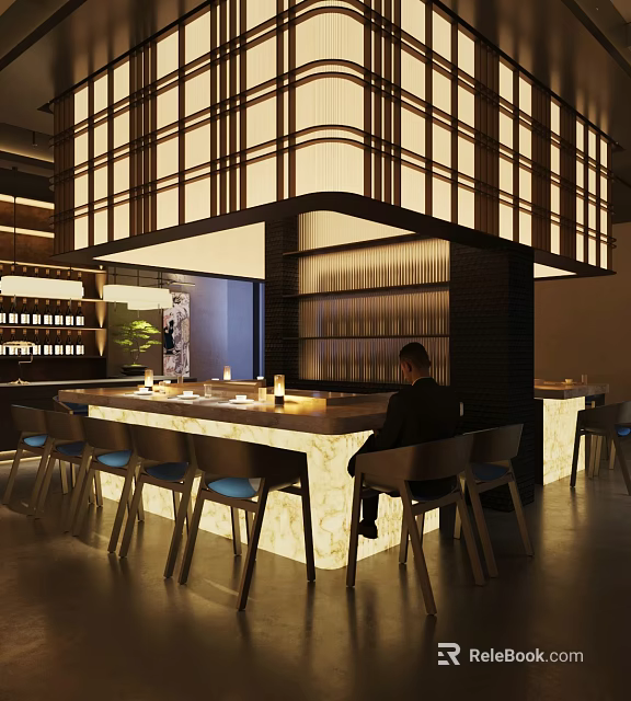 Stylish Japanese Restaurant Interior With Wooden Counter And Ambient Lighting 3d model 