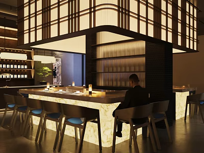 Stylish Japanese Restaurant Interior With Wooden Counter And Ambient Lighting 3d model