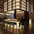 Stylish Japanese Restaurant Interior With Wooden Counter And Ambient Lighting