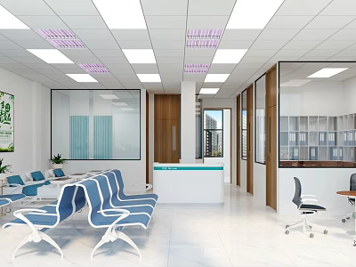 Bright Modern Waiting Area Featuring Blue White Chairs Reception Desk Glass Partitions And Square Lights 3d model
