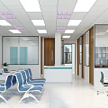Bright Modern Waiting Area Featuring Blue White Chairs Reception Desk Glass Partitions And Square Lights