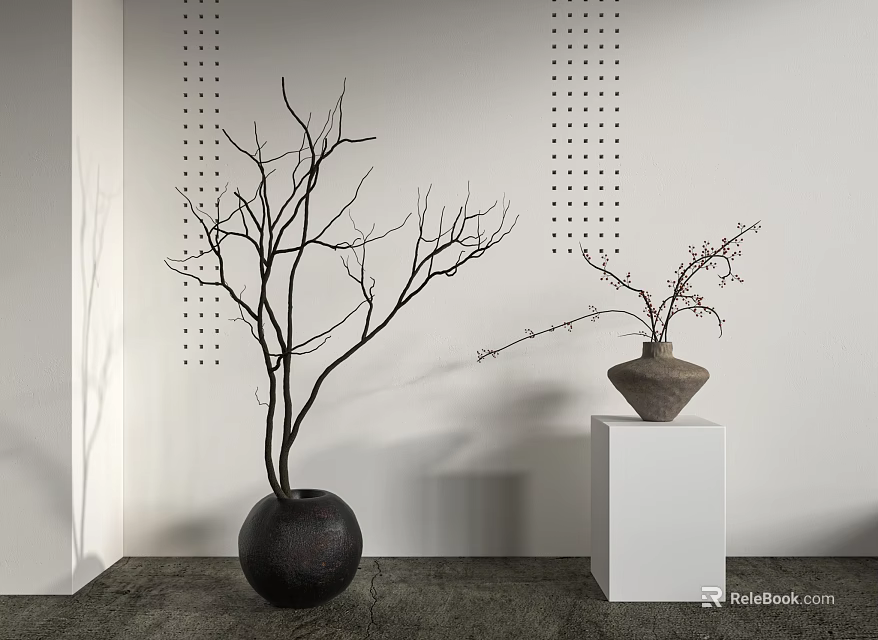 Black Vase With Bare Branches And Terracotta Vase With Blossom Branches On White Cube Pedestal 3d model 