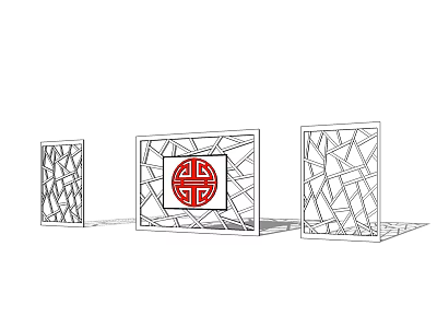 Modern Geometric Cutout Room Dividers With Central Red Traditional Chinese Pattern 3d model