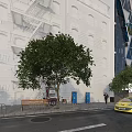 Vibrant Urban Commercial Street Featuring Bus Stop Shelter Billboard Pedestrian And Bicycle Parking