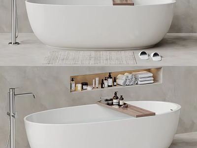 Modern White Bathtub With Wooden Tray Bath Products Towels And Chrome Faucet 3d model