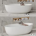 Modern White Bathtub With Wooden Tray Bath Products Towels And Chrome Faucet