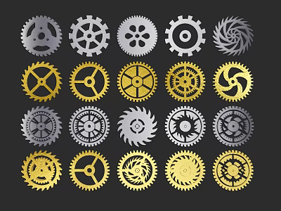 Industrial Equipment Various Gears Types with Silver and Gold Mechanical Parts 3d model