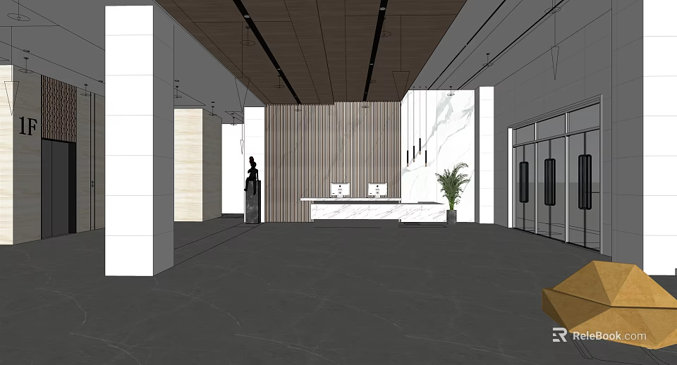 Elegant Modern Reception Lobby Design With Wooden Decorative Wall White Desk And Potted Plant 3d model 