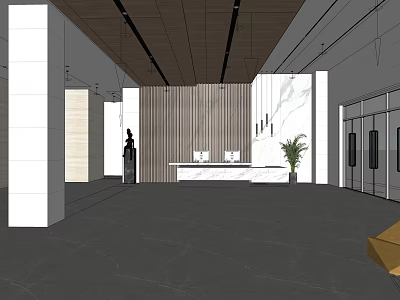 Elegant Modern Reception Lobby Design With Wooden Decorative Wall White Desk And Potted Plant 3d model
