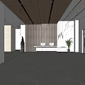 Elegant Modern Reception Lobby Design With Wooden Decorative Wall White Desk And Potted Plant