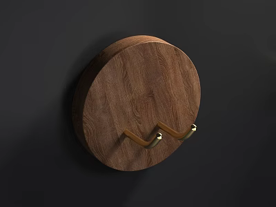 Wooden Circular Wall Hook With Two Golden Metal Hooks For Home Decor 3d model