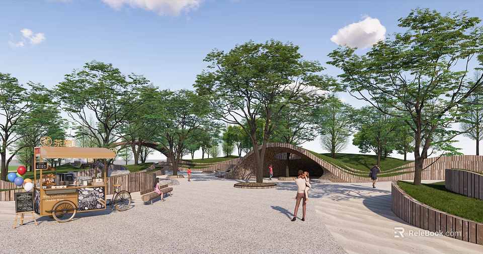 Scenic Park Landscape With Green Trees Walking Path Benches Pedestrians And Vendor Cart 3d model 
