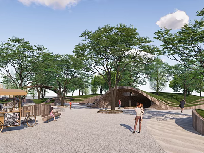Scenic Park Landscape With Green Trees Walking Path Benches Pedestrians And Vendor Cart 3d model