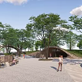Scenic Park Landscape With Green Trees Walking Path Benches Pedestrians And Vendor Cart